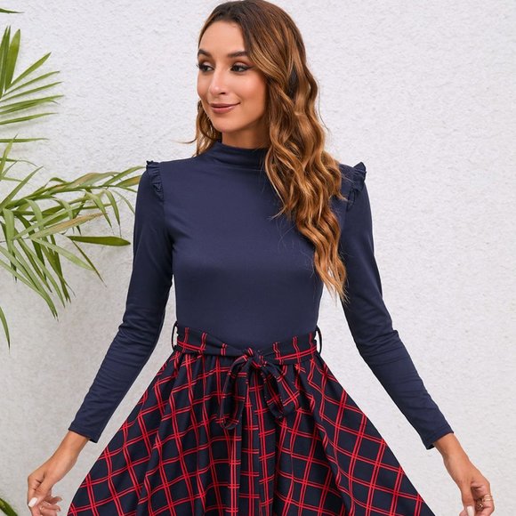 Plaid Tie Waist Ruffle Shoulder Dress - Picture 5 of 9